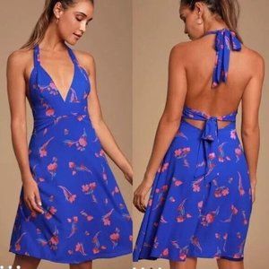 LULUS dress jamila floral halter dress fit flare sleeveless royal blue LARGE